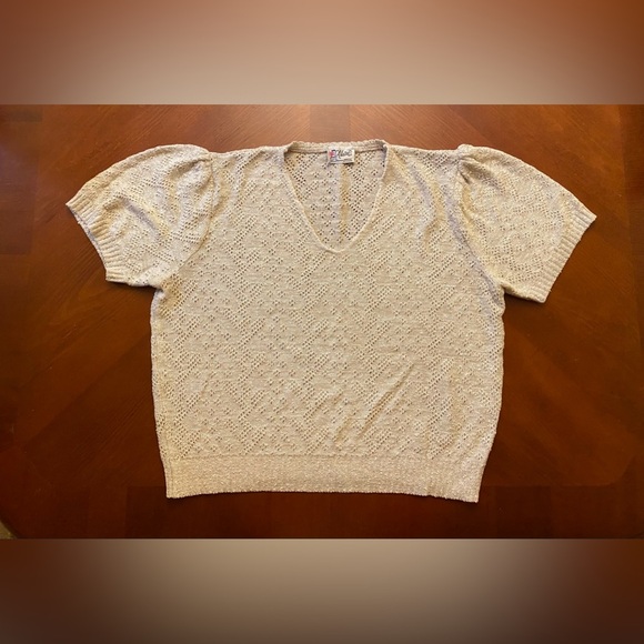Vintage Coquette Core Crochet Sweater LARGE Puff Sleeves Oatmeal - Picture 1 of 6